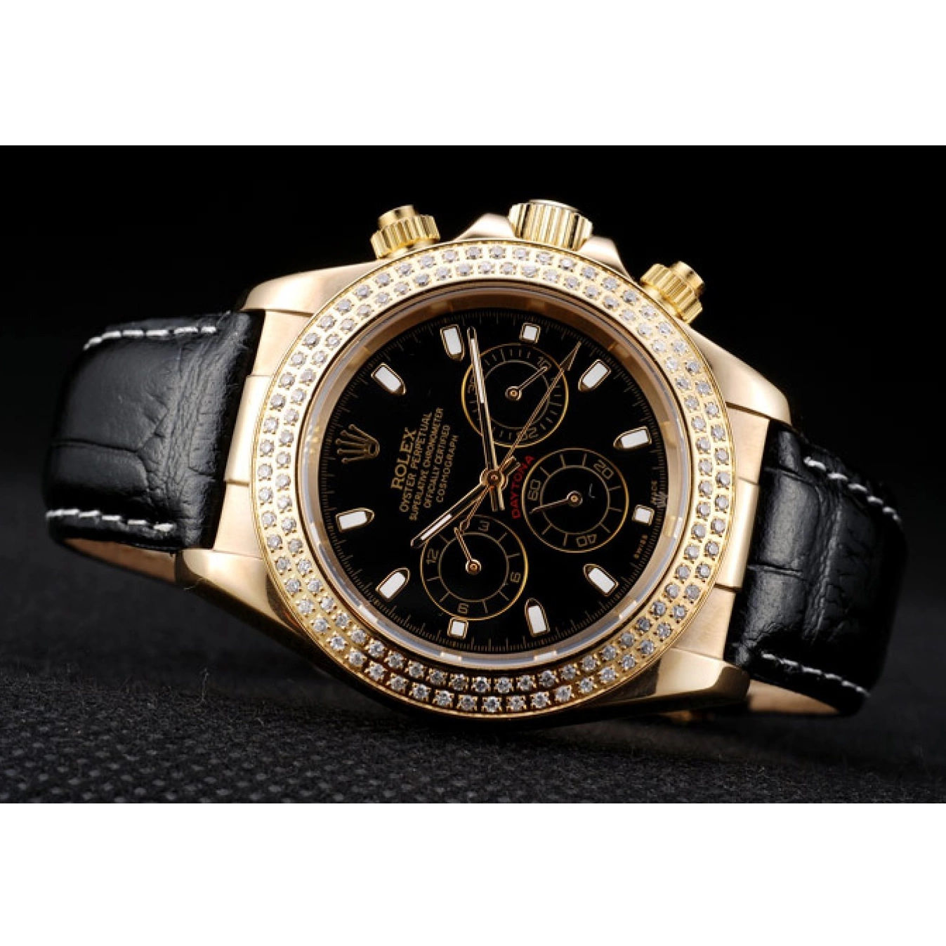 Aaa replica watch Bezel Crystal Studded Rolex Daytona Case Gold Dial Black 0708